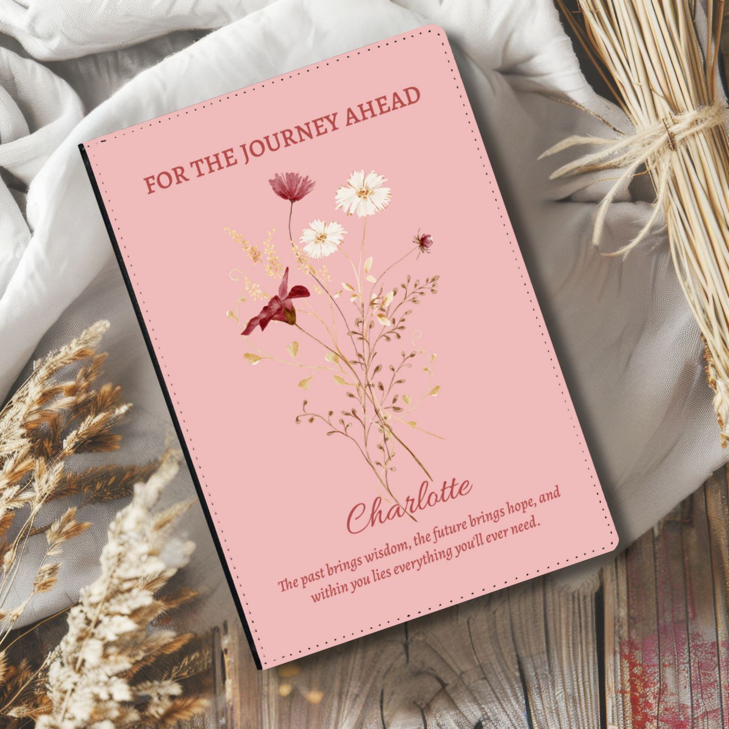 Graduation Gift for Her, Personalised Vegan Leather Journal, Custom Notebook with Wildflowers, Retirement Gift, New School, Divorced Gift