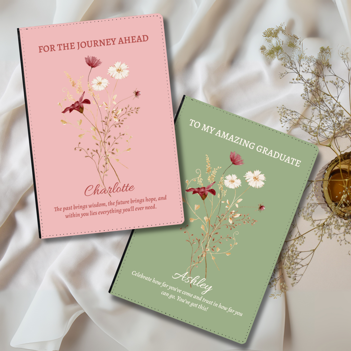 Personalised Graduation Gift for Her, Vegan Leather Journal, Custom Notebook with Wildflowers & Quote, Gift for Daughter or Granddaughter