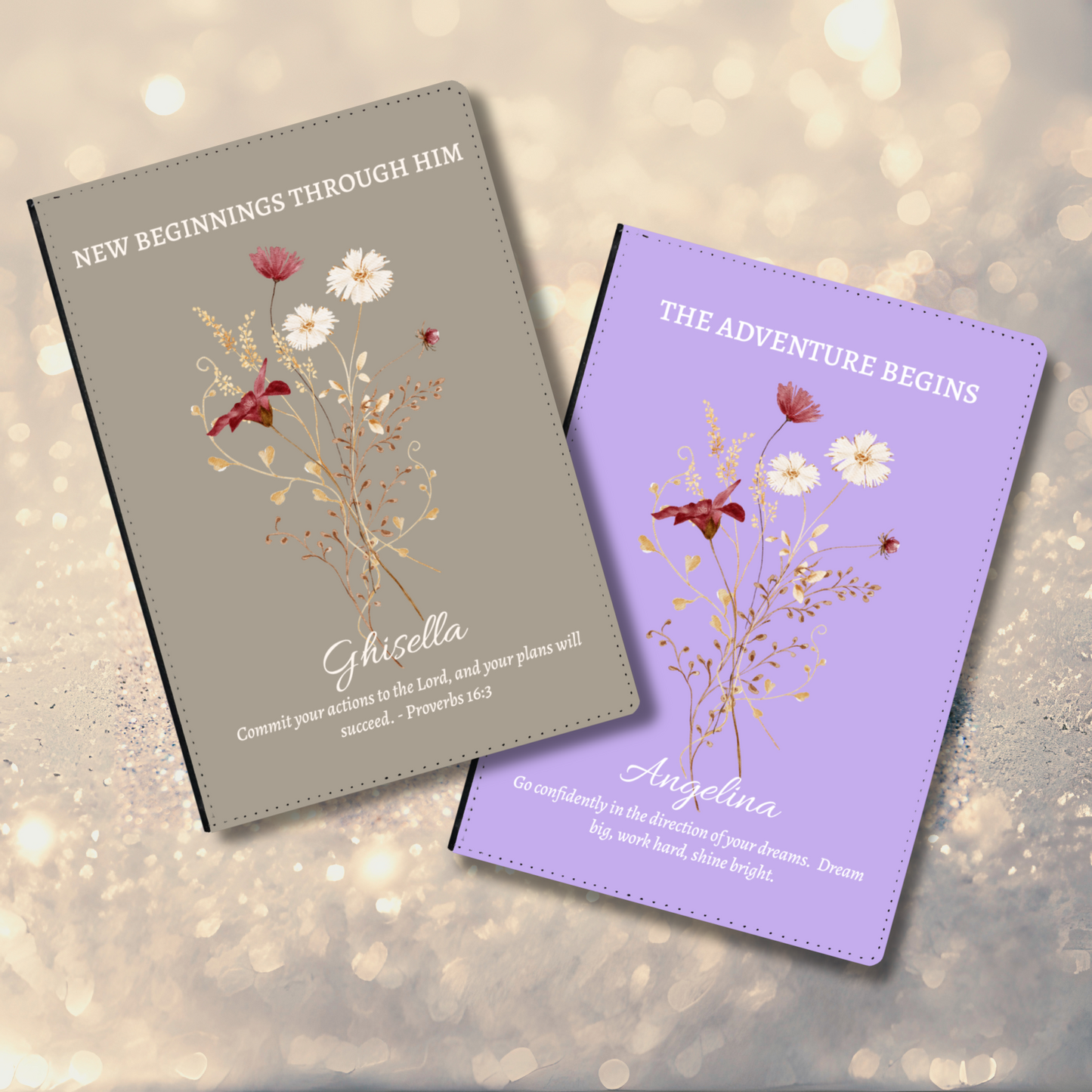 Personalised Graduation Gift, Vegan Leather Journal, Custom Notebook with Wildflowers, Christian Gift, Bible Verse, Graduation Gifts for Her