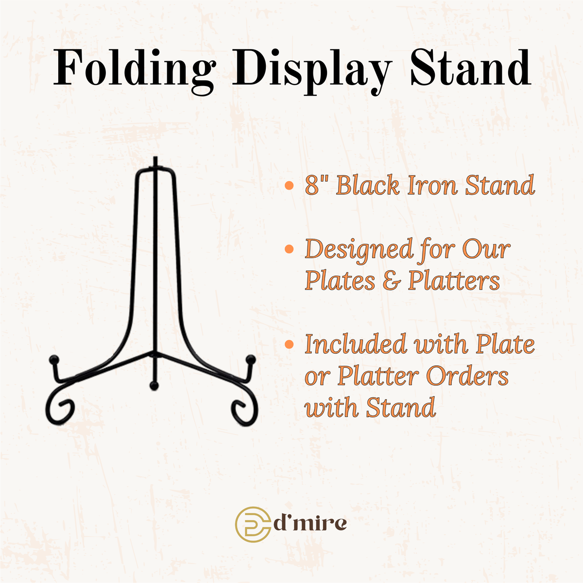 A black iron folding display stand with three legs, shown on a light cream background with text describing it as an 8-inch black iron stand designed for plates and platters.