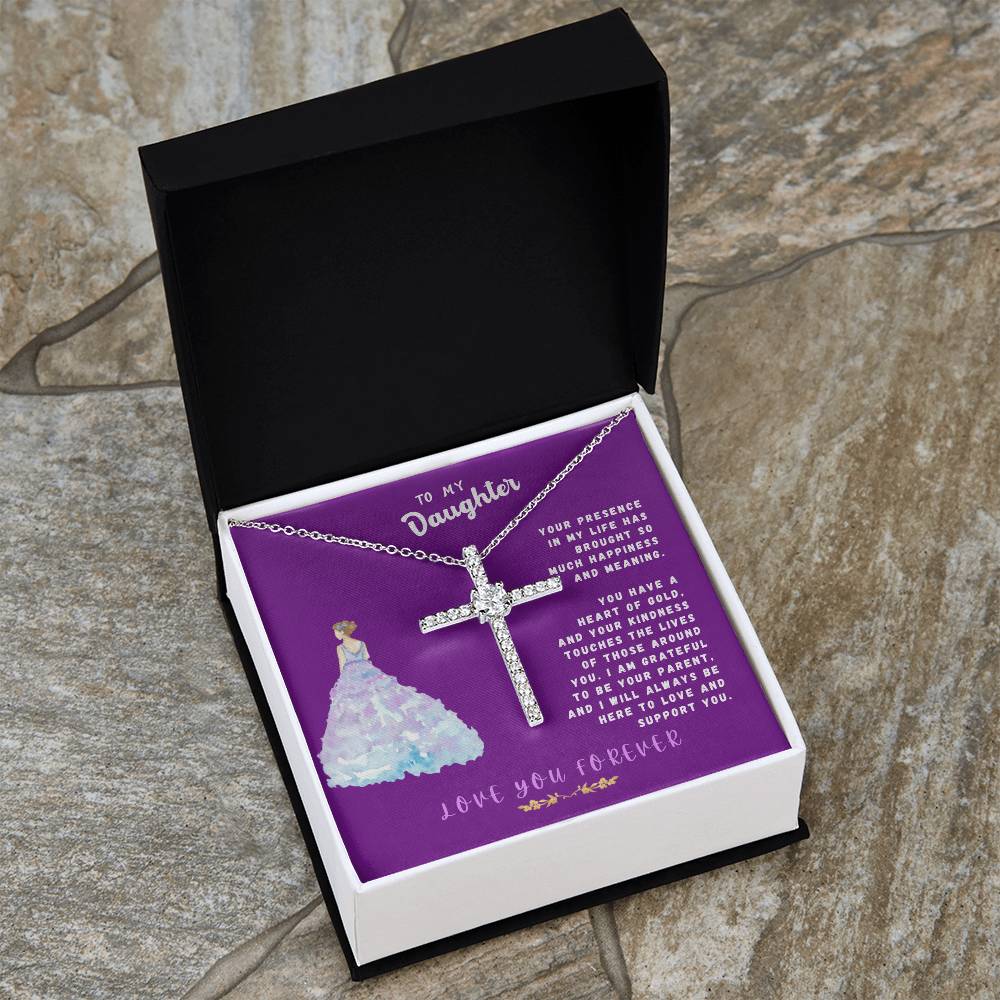 Daughter Gift Necklace - Crystal Cross Necklace - Your Presence In My Life Purple Card