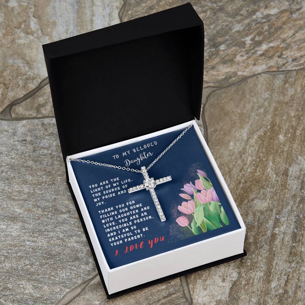 Daughter Gift Necklace - Crystal Cross Necklace - Tulips Navy Card