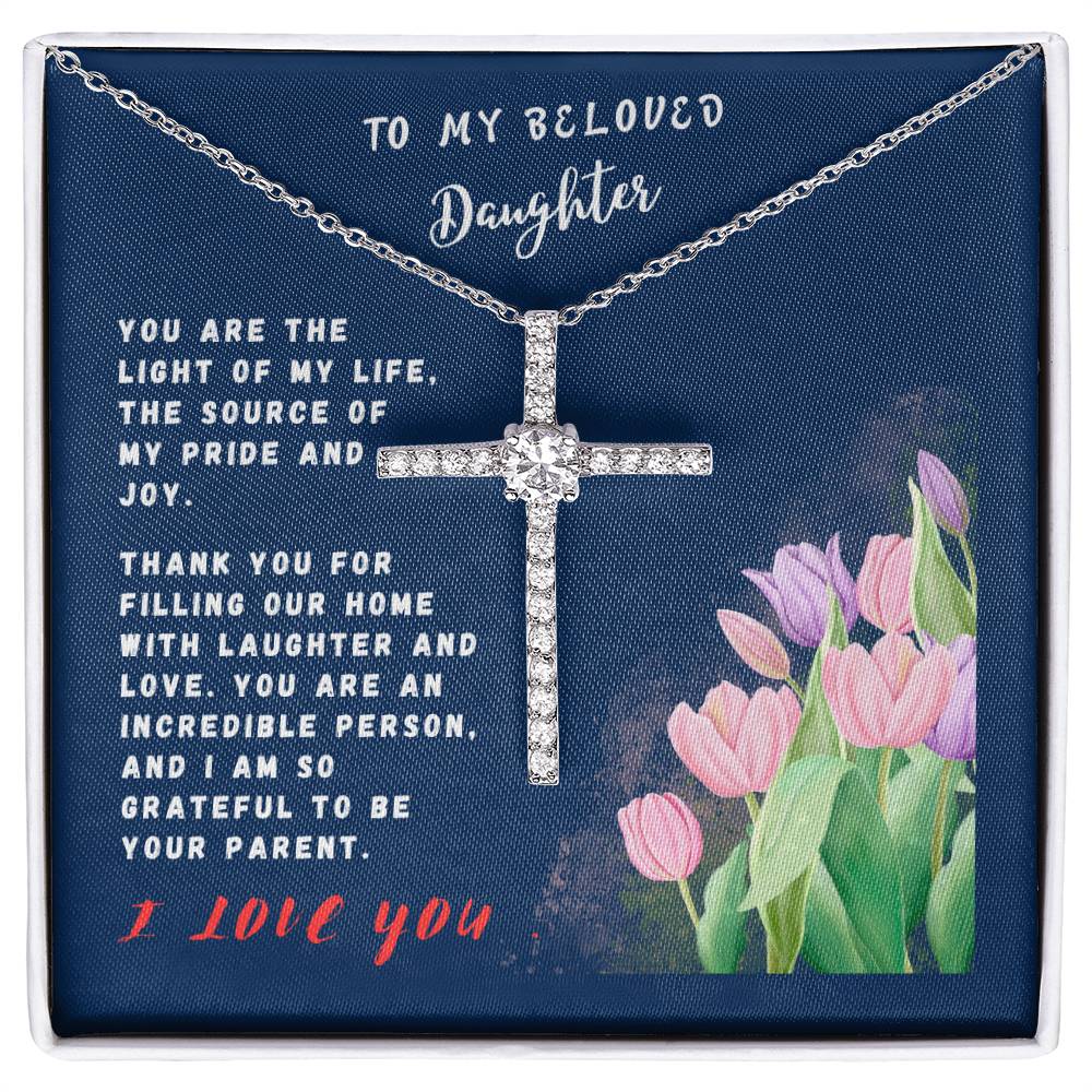 Daughter Gift Necklace - Crystal Cross Necklace - Tulips Navy Card