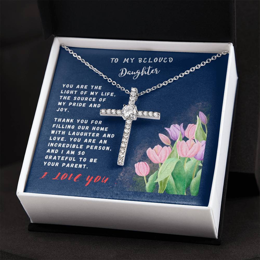 Daughter Gift Necklace - Crystal Cross Necklace - Tulips Navy Card