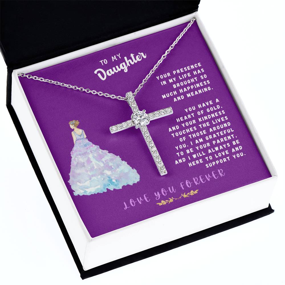 Daughter Gift Necklace - Crystal Cross Necklace - Your Presence In My Life Purple Card