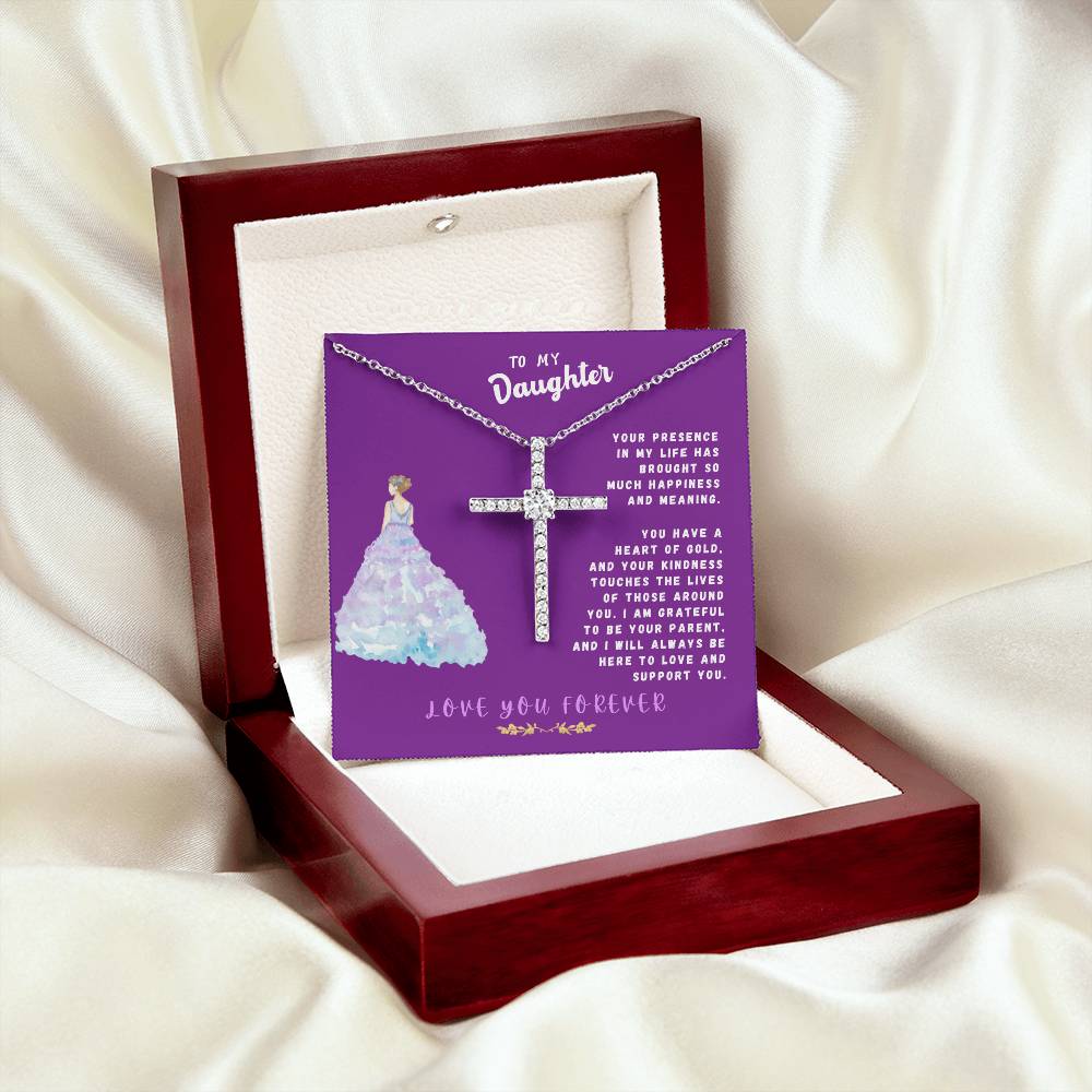 Daughter Gift Necklace - Crystal Cross Necklace - Your Presence In My Life Purple Card