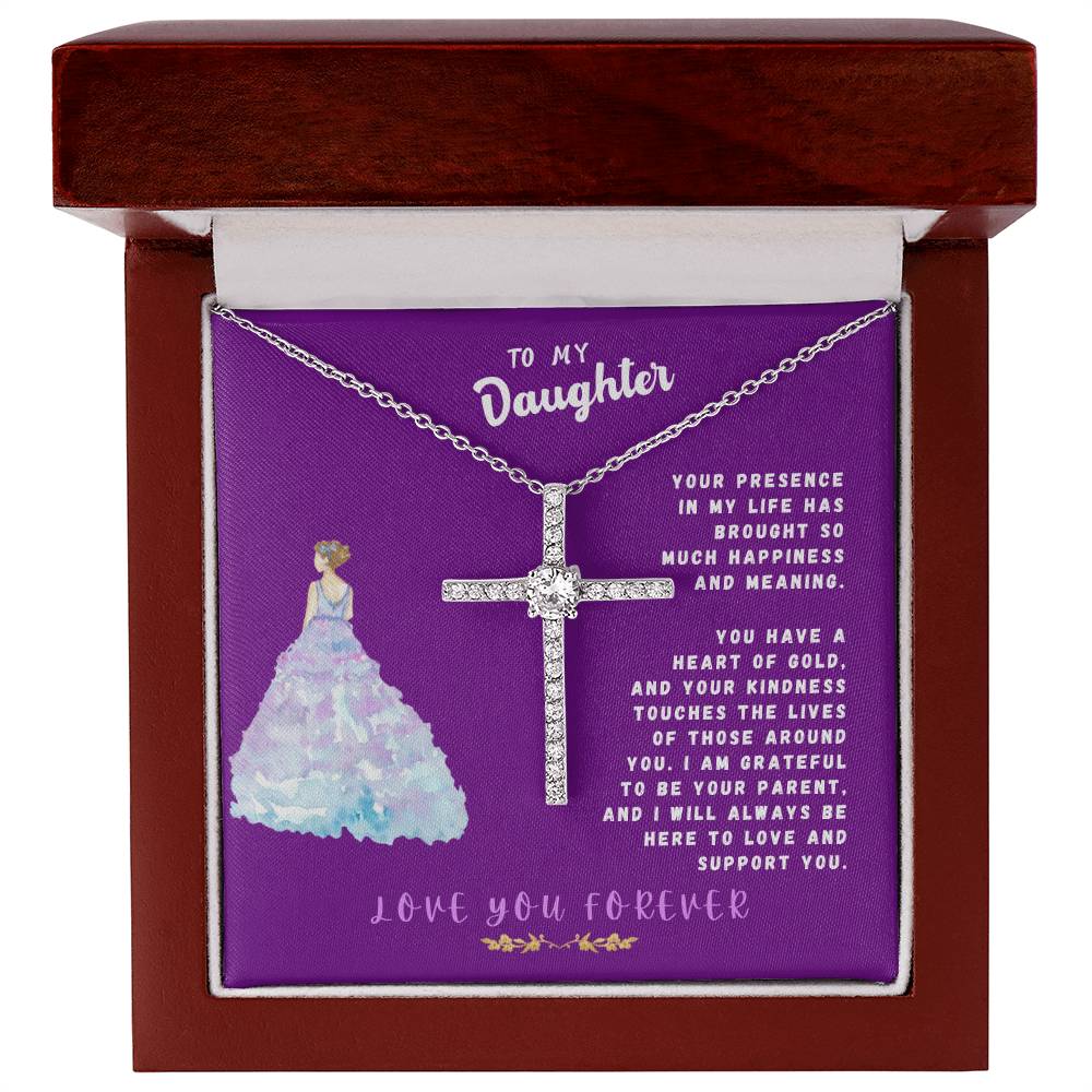 Daughter Gift Necklace - Crystal Cross Necklace - Your Presence In My Life Purple Card