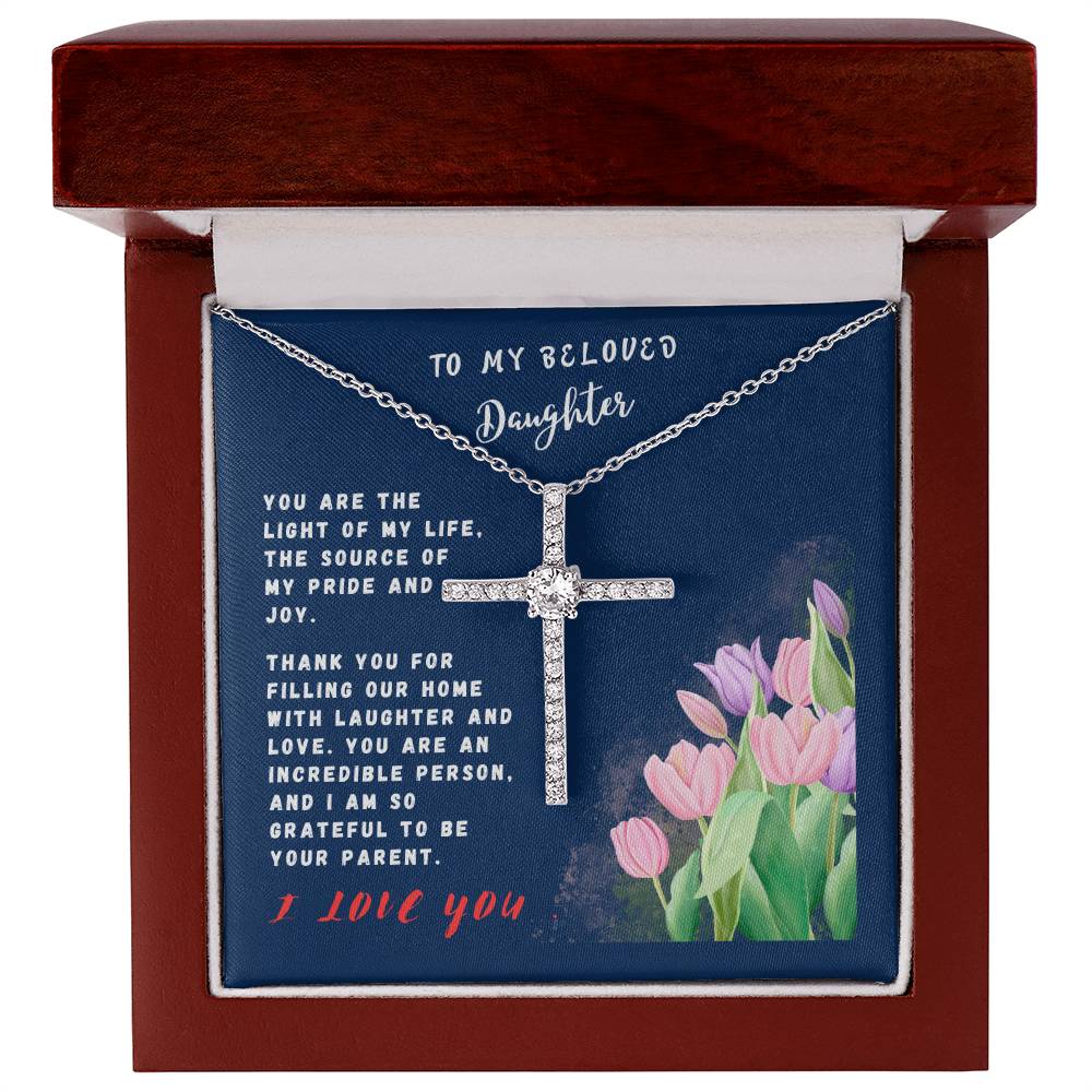 Daughter Gift Necklace - Crystal Cross Necklace - Tulips Navy Card