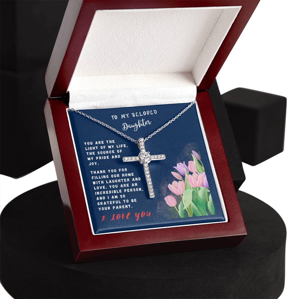 Daughter Gift Necklace - Crystal Cross Necklace - Tulips Navy Card