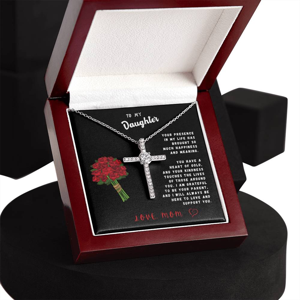 Daughter Gift Necklace - Crystal Cross Necklace - Roses Black Card