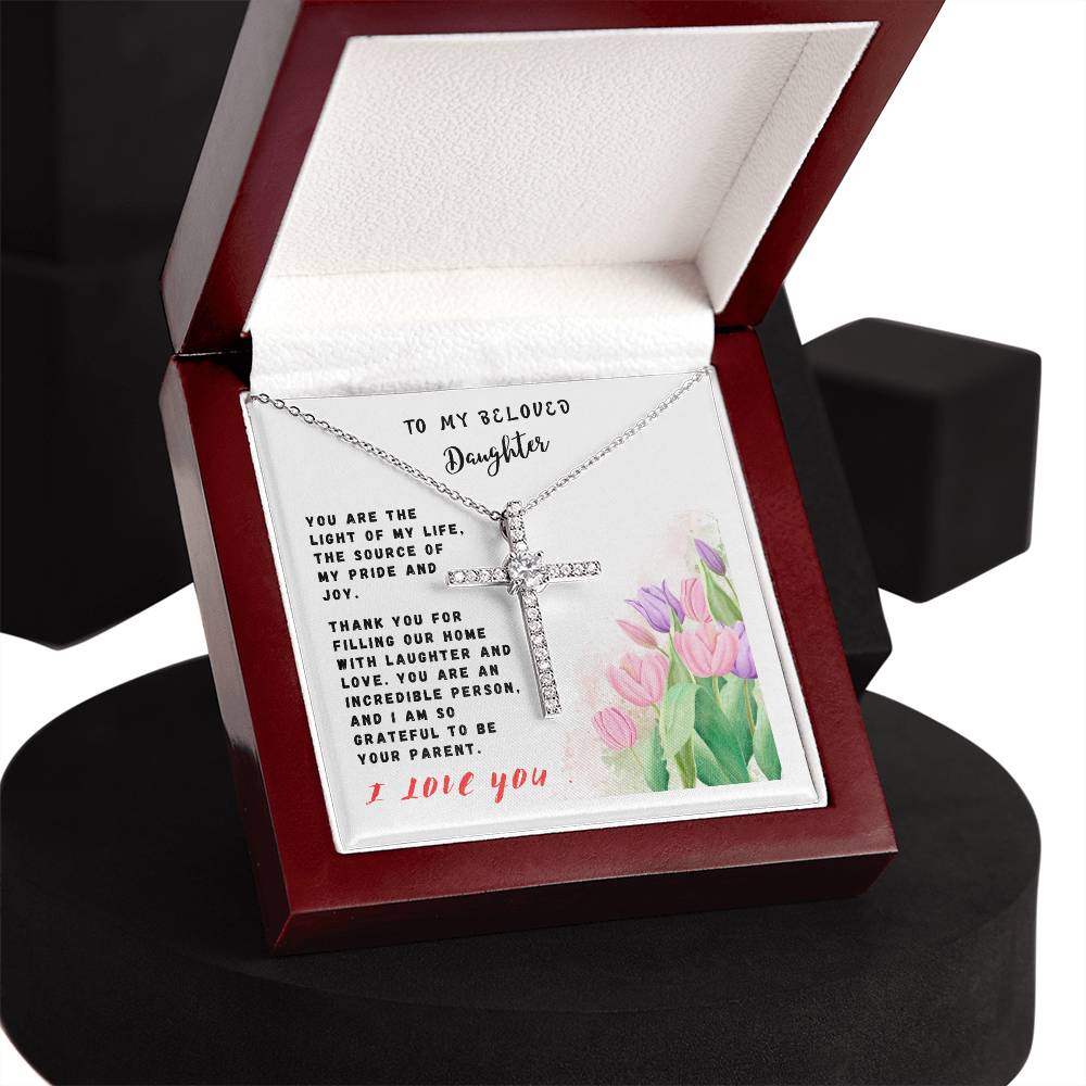 Daughter Gift Necklace - Crystal Cross Necklace - Tulips White Card