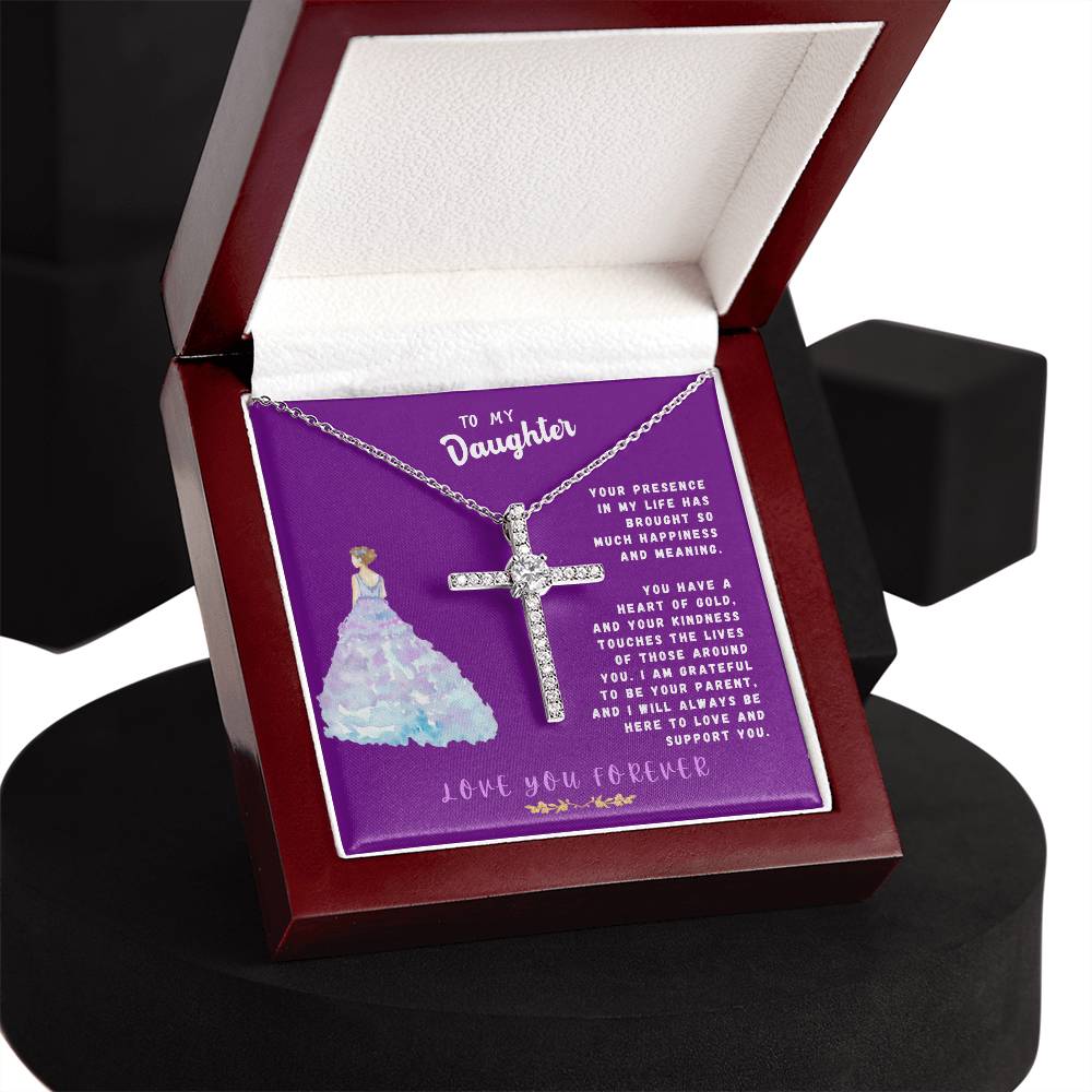 Daughter Gift Necklace - Crystal Cross Necklace - Your Presence In My Life Purple Card