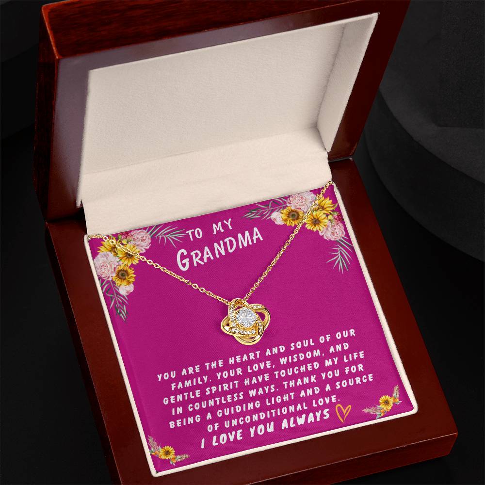 Grandmother Gift Necklace - Love Knot- Sun Flower Fushia Card