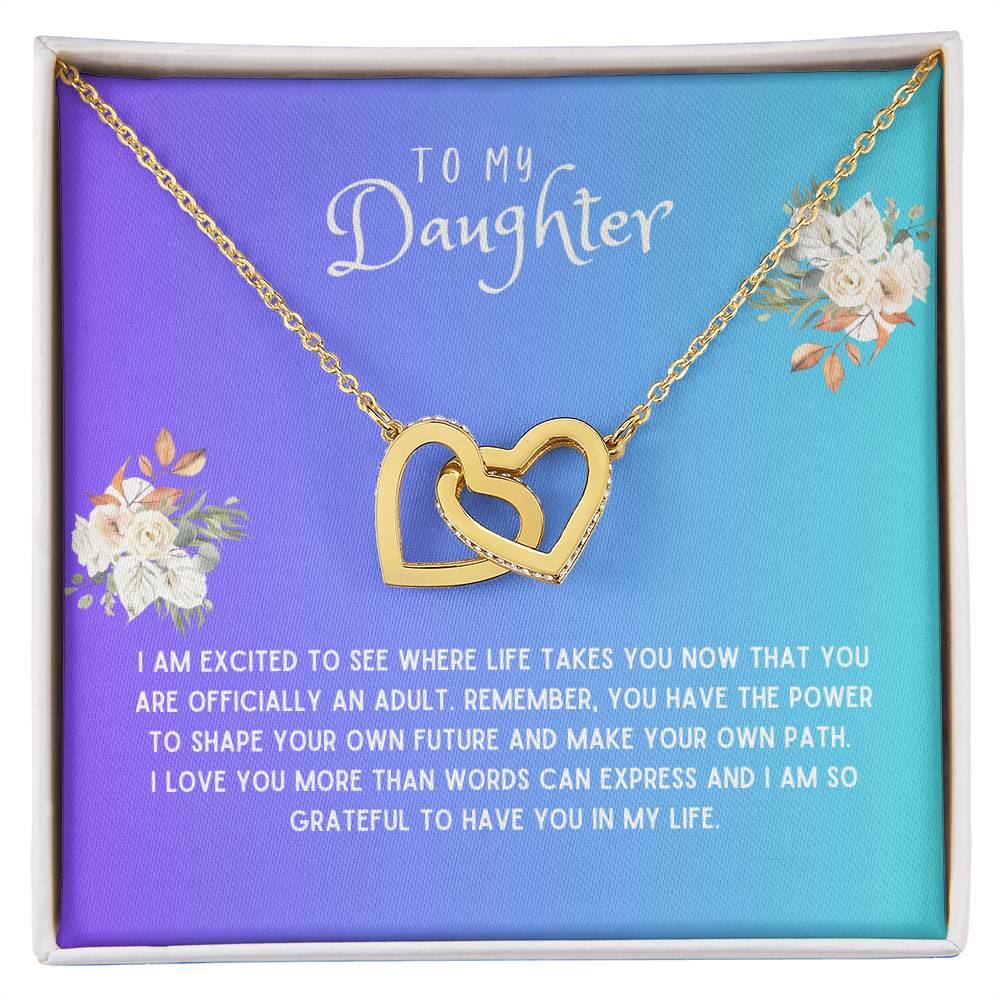 Daughter Gift Necklace - Interlocking Hearts - I Am Excited Blue Card