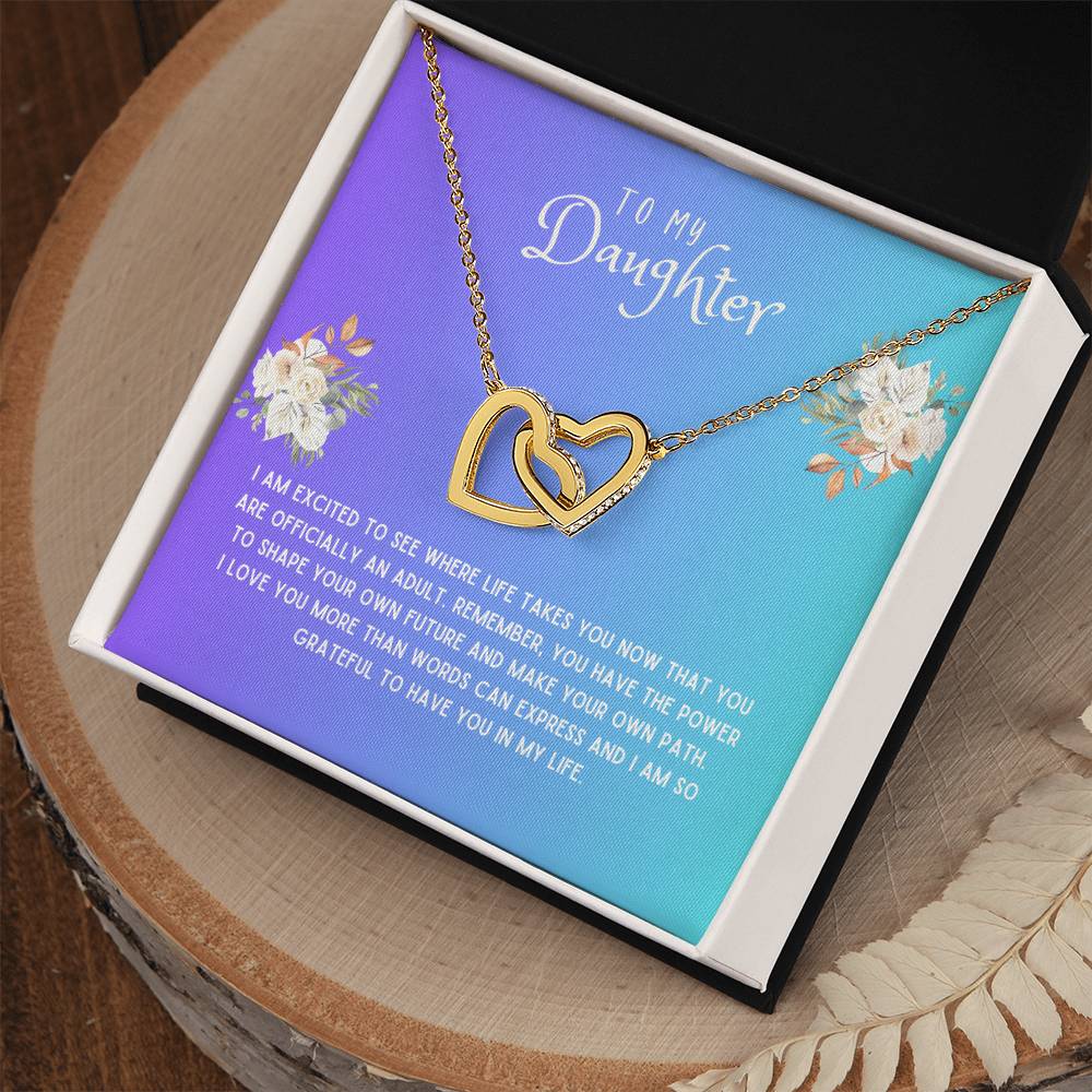 Daughter Gift Necklace - Interlocking Hearts - I Am Excited Blue Card