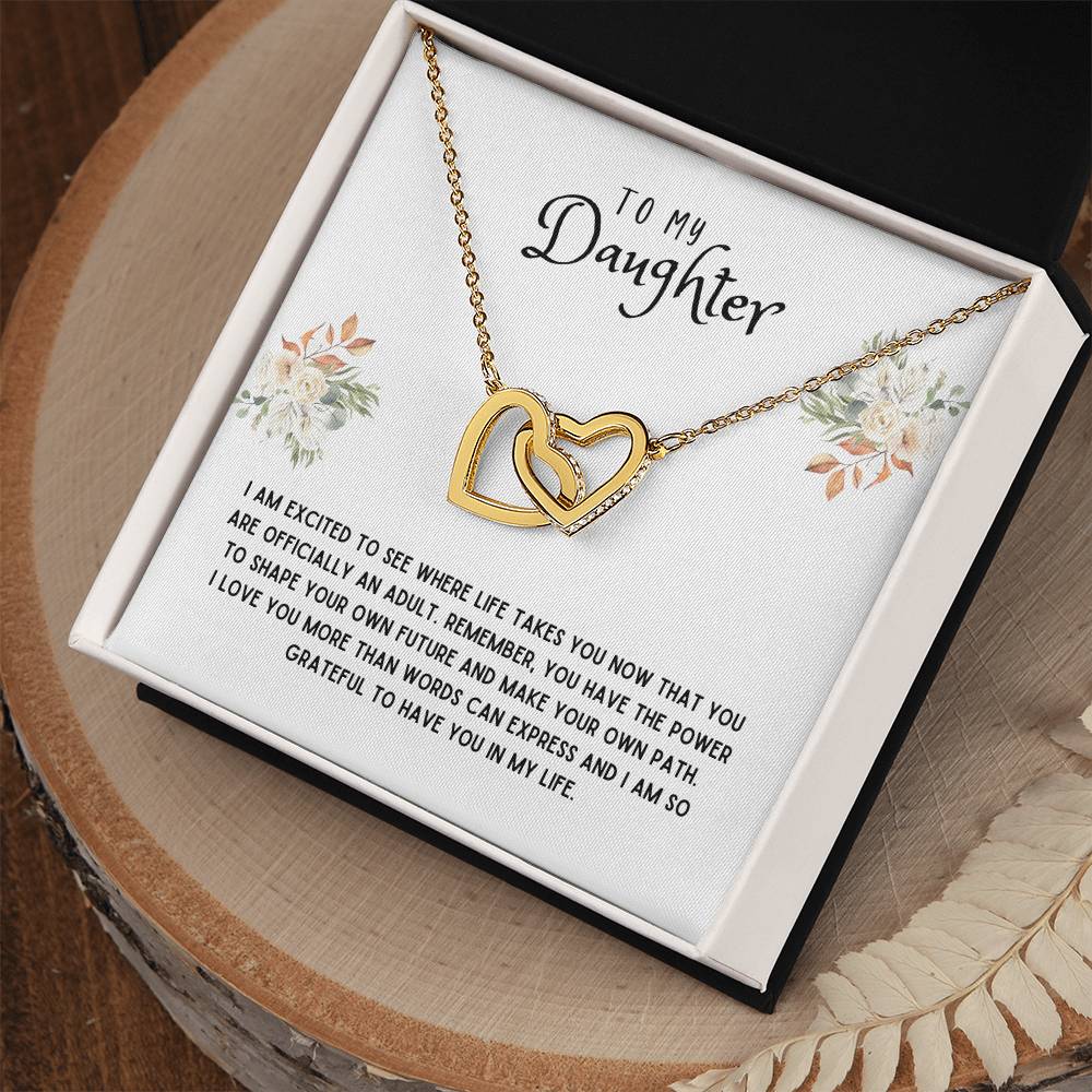 Daughter Gift Necklace - Interlocking Hearts - I Am Excited White Card