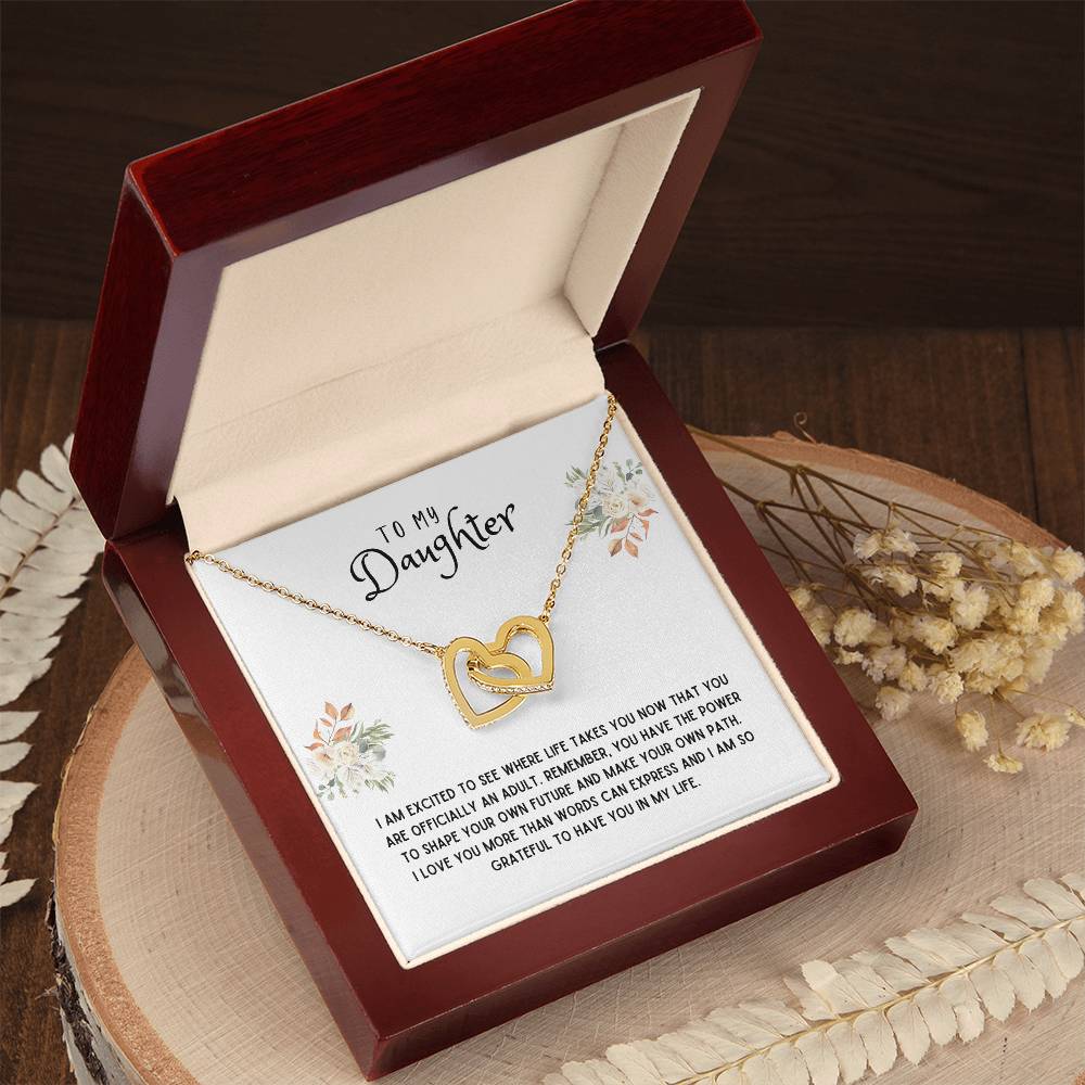 Daughter Gift Necklace - Interlocking Hearts - I Am Excited White Card