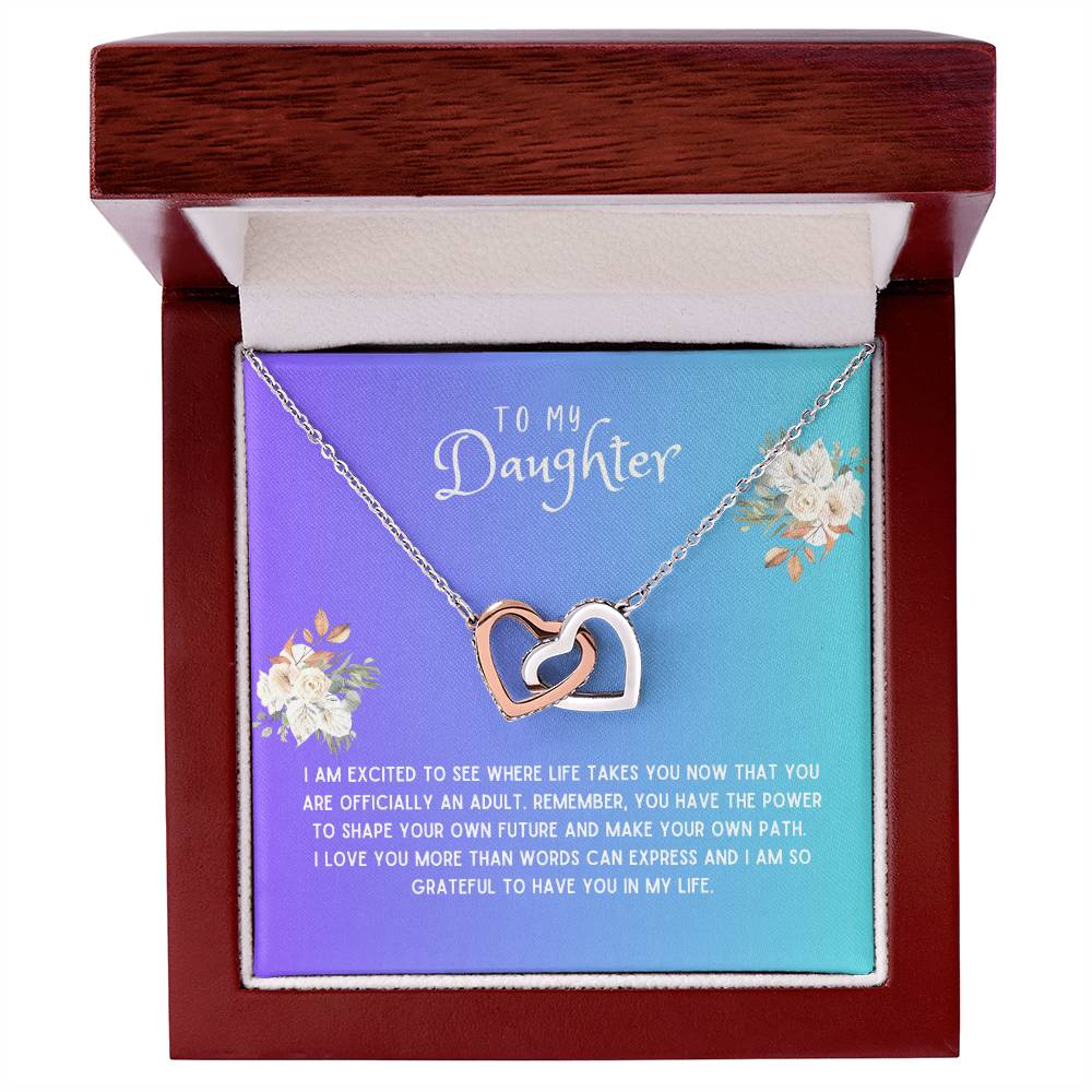 Daughter Gift Necklace - Interlocking Hearts - I Am Excited Blue Card