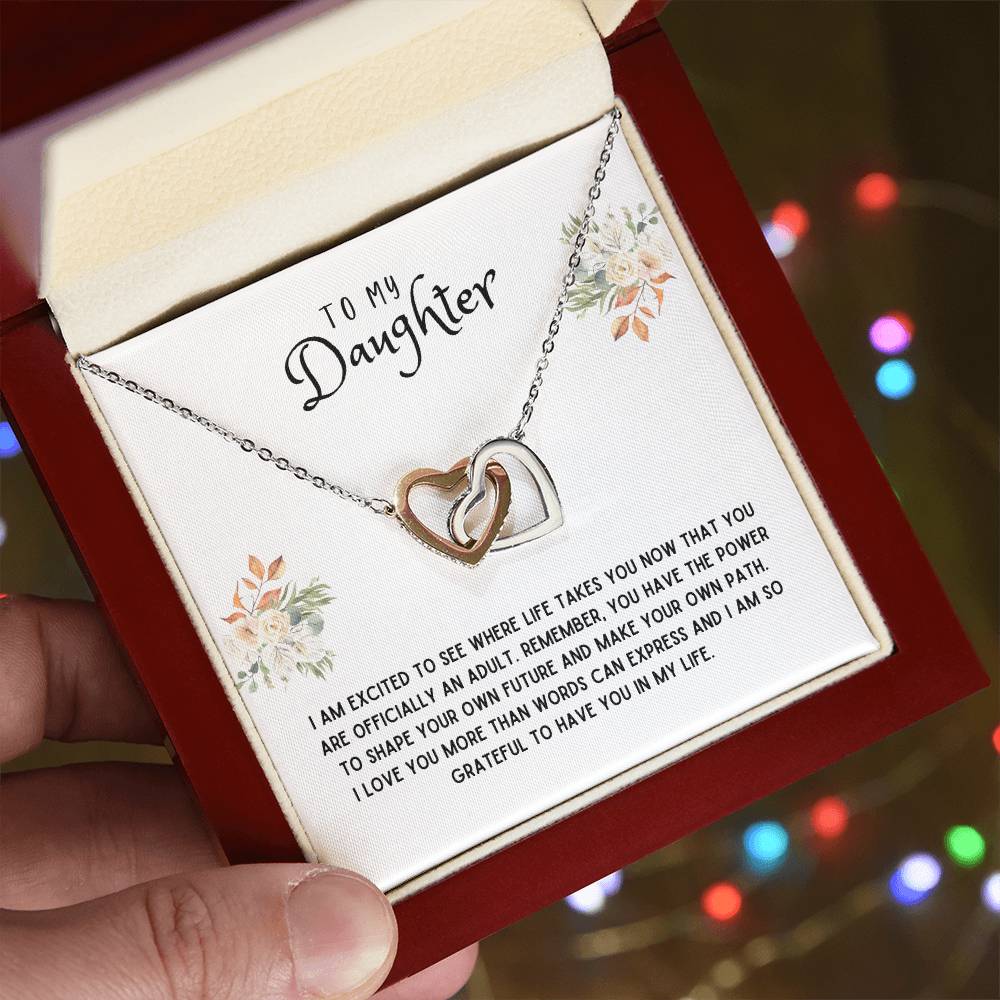 Daughter Gift Necklace - Interlocking Hearts - I Am Excited White Card