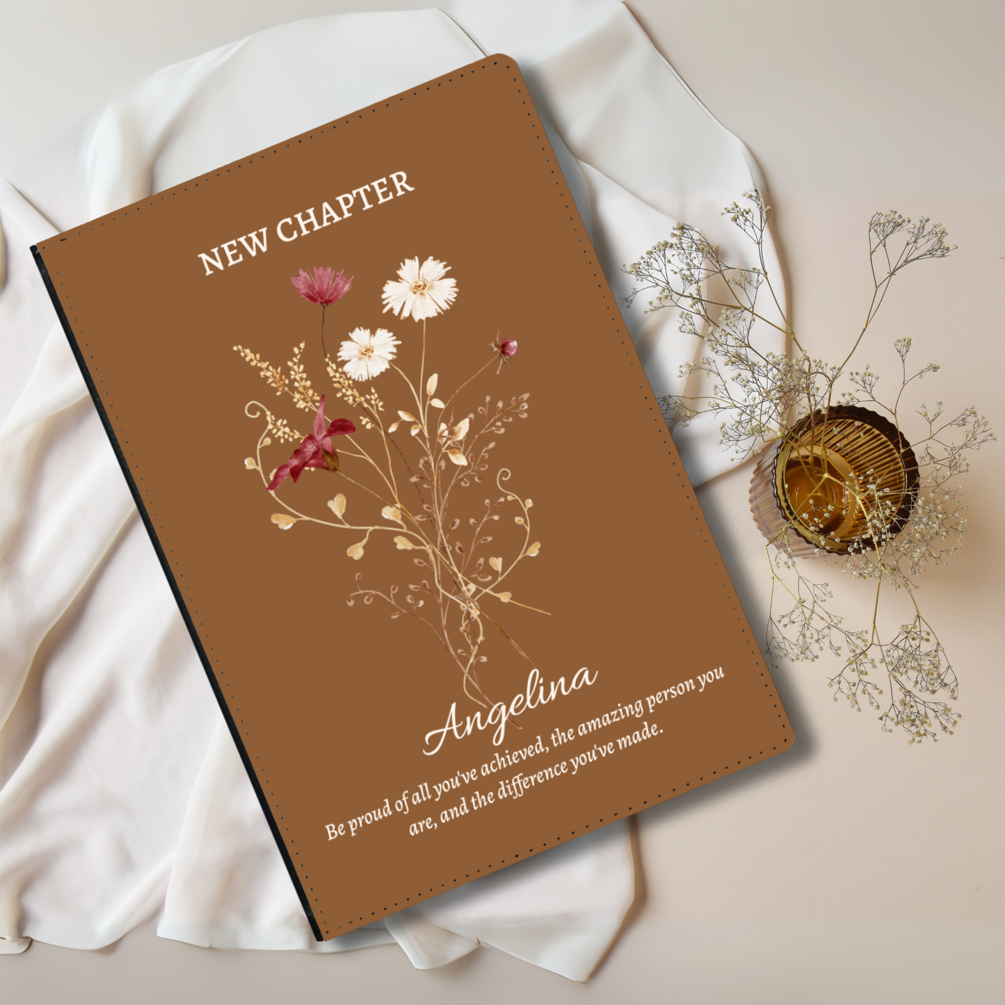 Graduation Gift for Her, Personalised Vegan Leather Journal, Custom Notebook with Wildflowers, Retirement Gift, New School, Divorced Gift