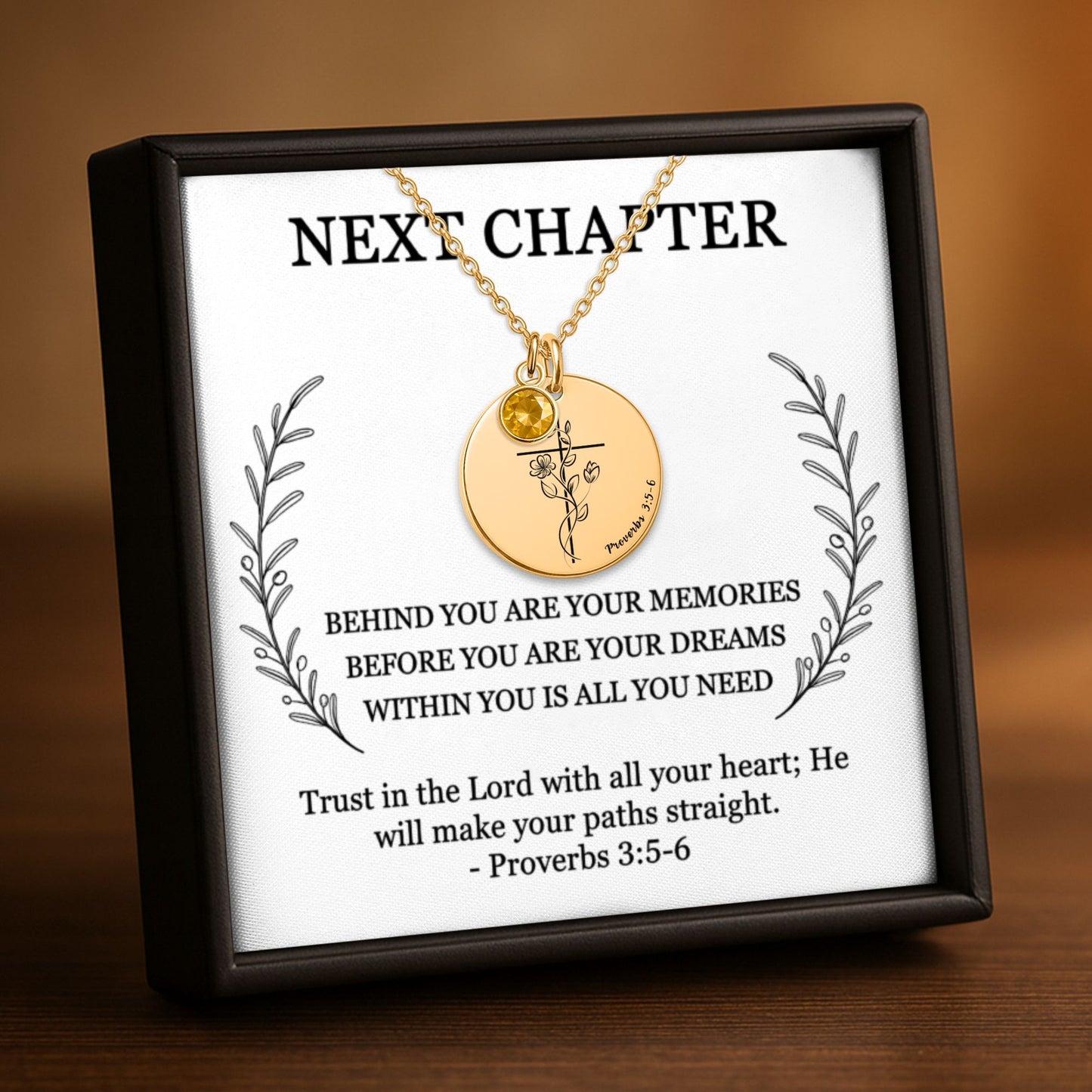 Custom birthstone necklace with Bible verse and optional back engraving