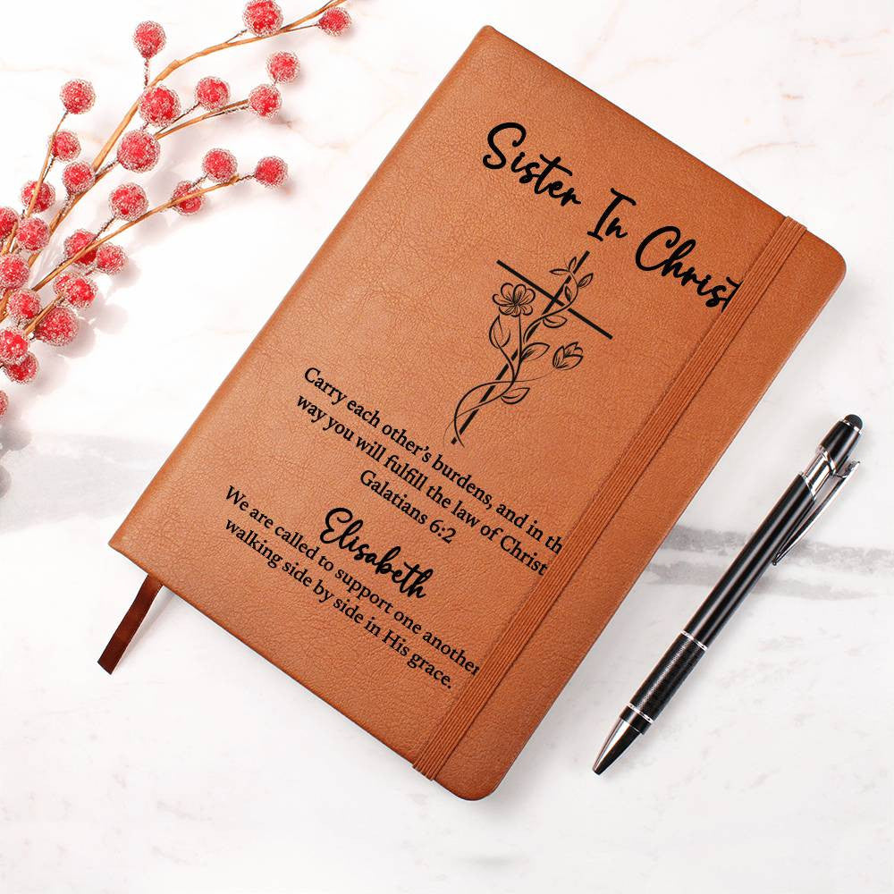 Christian leather notebook with custom name and Scripture