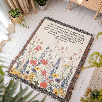 Personalized Woven Blanket with Bible Verse Wildflower Art Throw Bible Art Print Floral Scripture Christian Gift For Him Her Valentine Gift