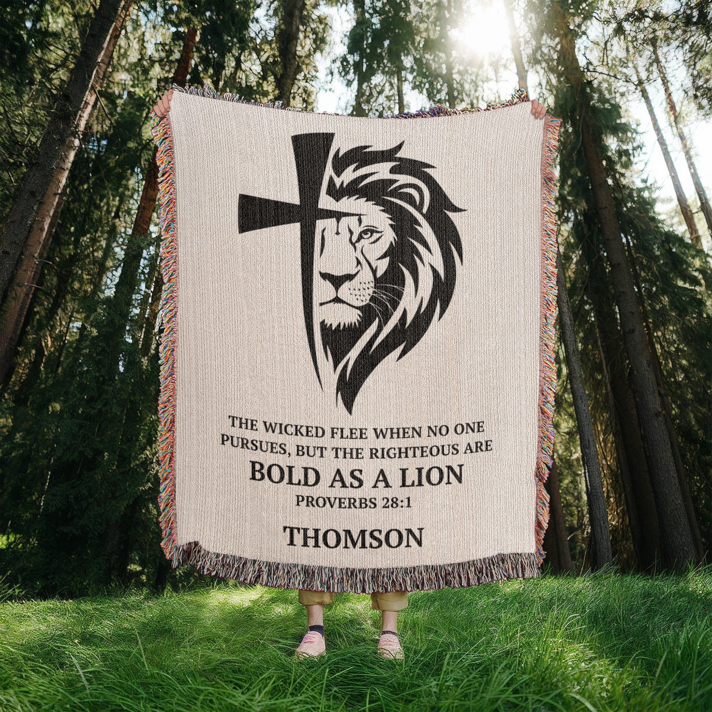 Personalized Woven Blanket with Lion Cross, Custom Name Blanket, Christian Gift For Men Women Teens Husband Boyfriend Father Son Daughter