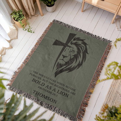 Personalized Woven Blanket with Lion Cross, Custom Name Blanket, Christian Gift For Men Women Teens Husband Boyfriend Father Son Daughter