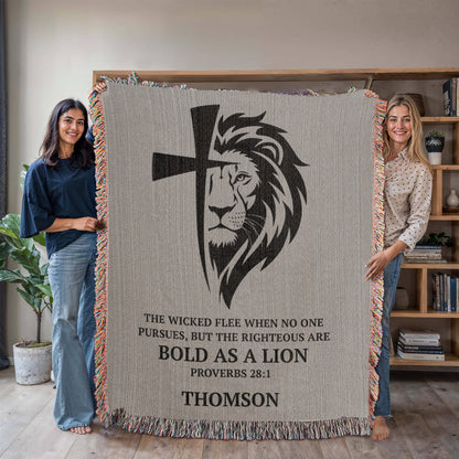 Personalized Woven Blanket with Lion Cross, Custom Name Blanket, Christian Gift For Men Women Teens Husband Boyfriend Father Son Daughter