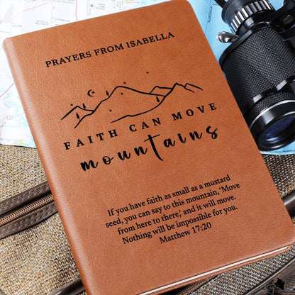 Personalized Prayer Journal for Men and Women, Custom Name and Bible Verse Leather Notebook, Faith Can Move Mountains Christian Baptism Gift