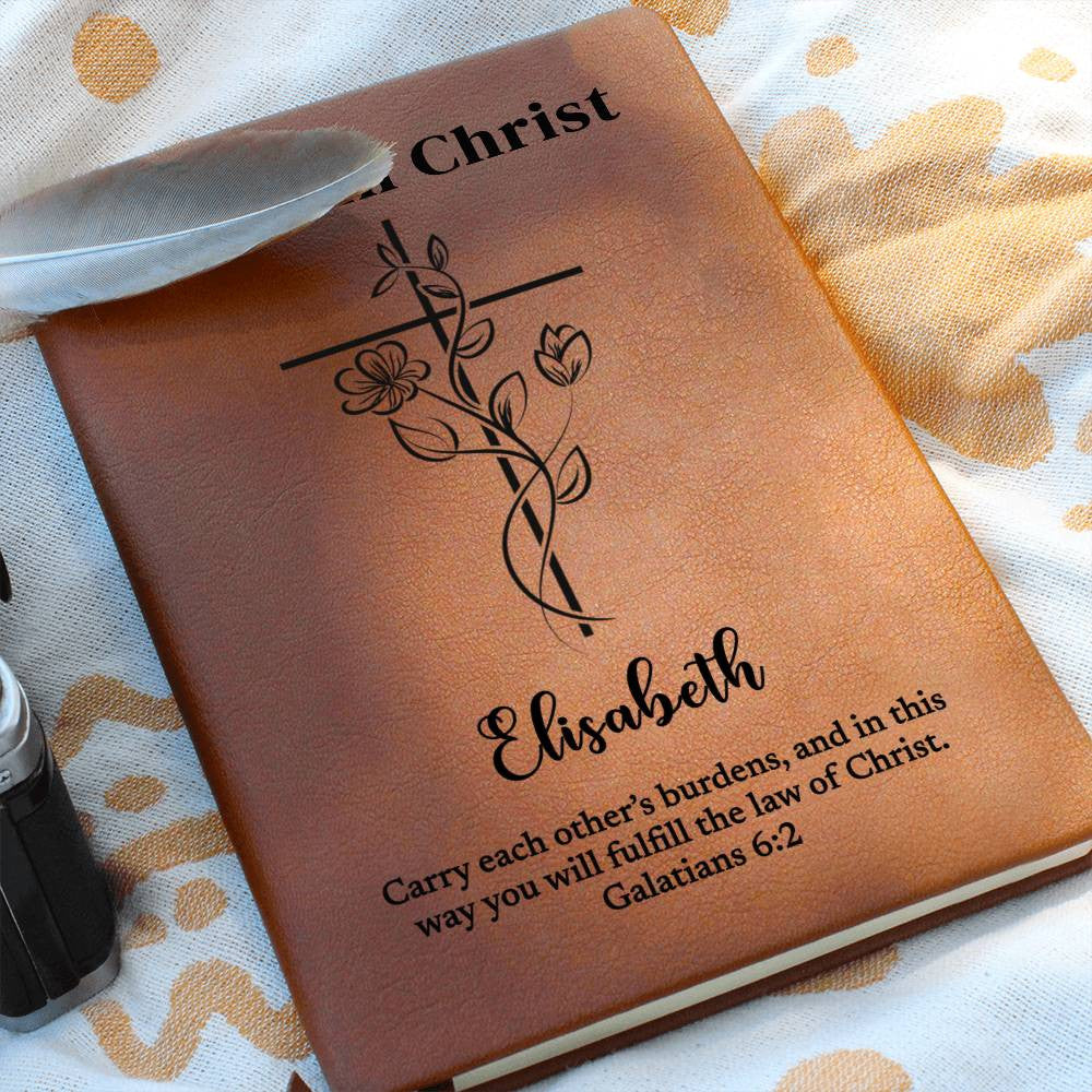 Personalized Leather Journal To Sister In Christ, Custom Name and Bible Verse Notebook, Christian Gift, Flower Cross Christian Baptism Gift