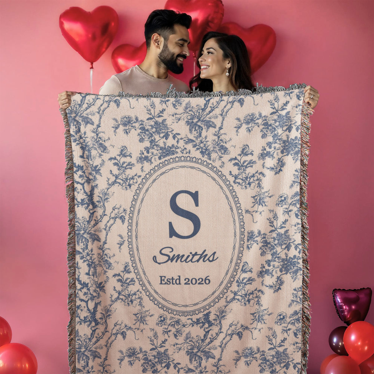 Custom family woven blanket displayed as classic living room décor