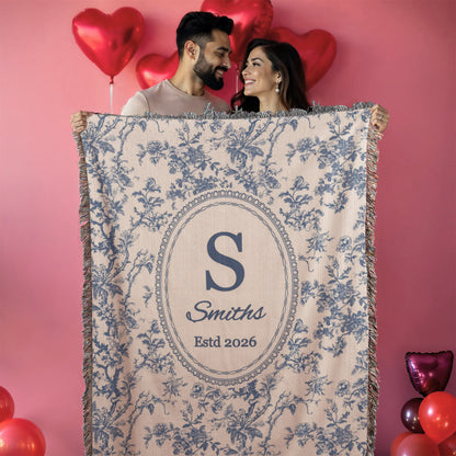 Custom family woven blanket displayed as classic living room décor
