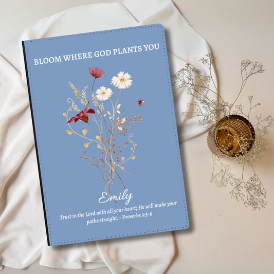Personalised Graduation Gift, Vegan Leather Journal, Custom Notebook with Wildflowers, Christian Gift, Bible Verse, Graduation Gifts for Her