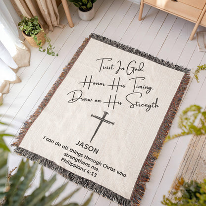 Personalized Woven Blanket with Cross Custom Name and Bible Verse Throw Blanket Christian Gift For Men Women Husband Boyfriend Son Grandson