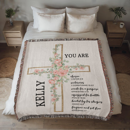 Personalized Woven Blanket with Flower Cross Custom Name Throw Christian Gift For for Women Teens Baptism Birthday Valentine Gifts