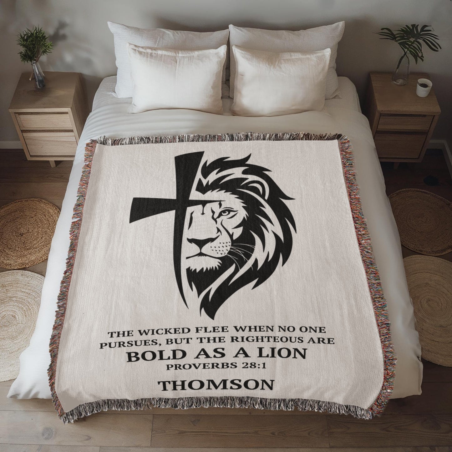 Personalized Woven Blanket with Lion Cross, Custom Name Blanket, Christian Gift For Men Women Teens Husband Boyfriend Father Son Daughter