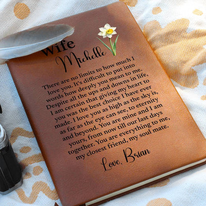 To My Wife Personalized Leather Journal, Gift for Wife from Husband, Custom Name & Birth Month Flower Journal, Birthday Gift, Valentine Gift