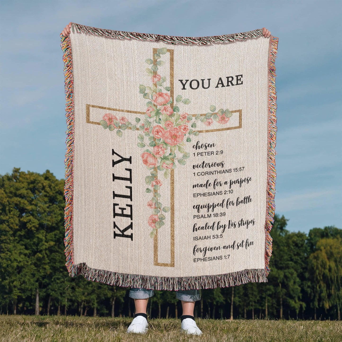 Personalized Woven Blanket with Flower Cross Custom Name Throw Christian Gift For for Women Teens Baptism Birthday Valentine Gifts