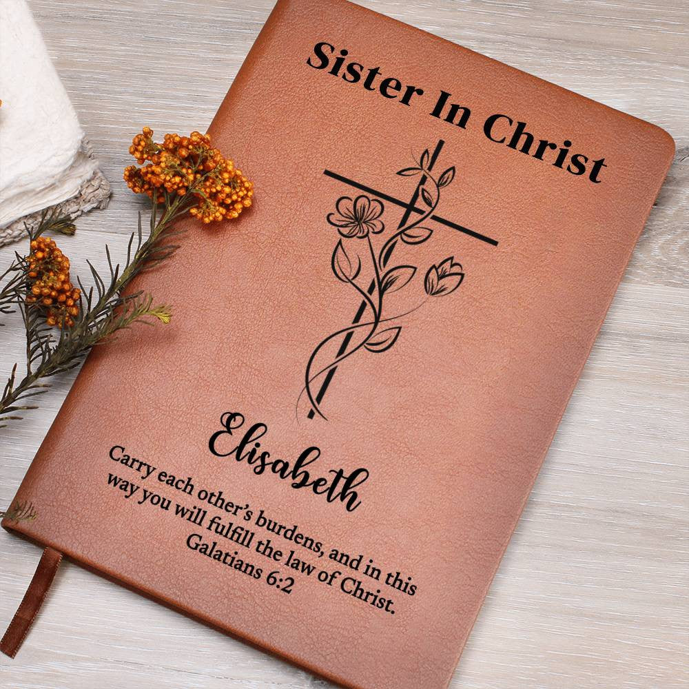 Personalized Leather Journal To Sister In Christ, Custom Name and Bible Verse Notebook, Christian Gift, Flower Cross Christian Baptism Gift