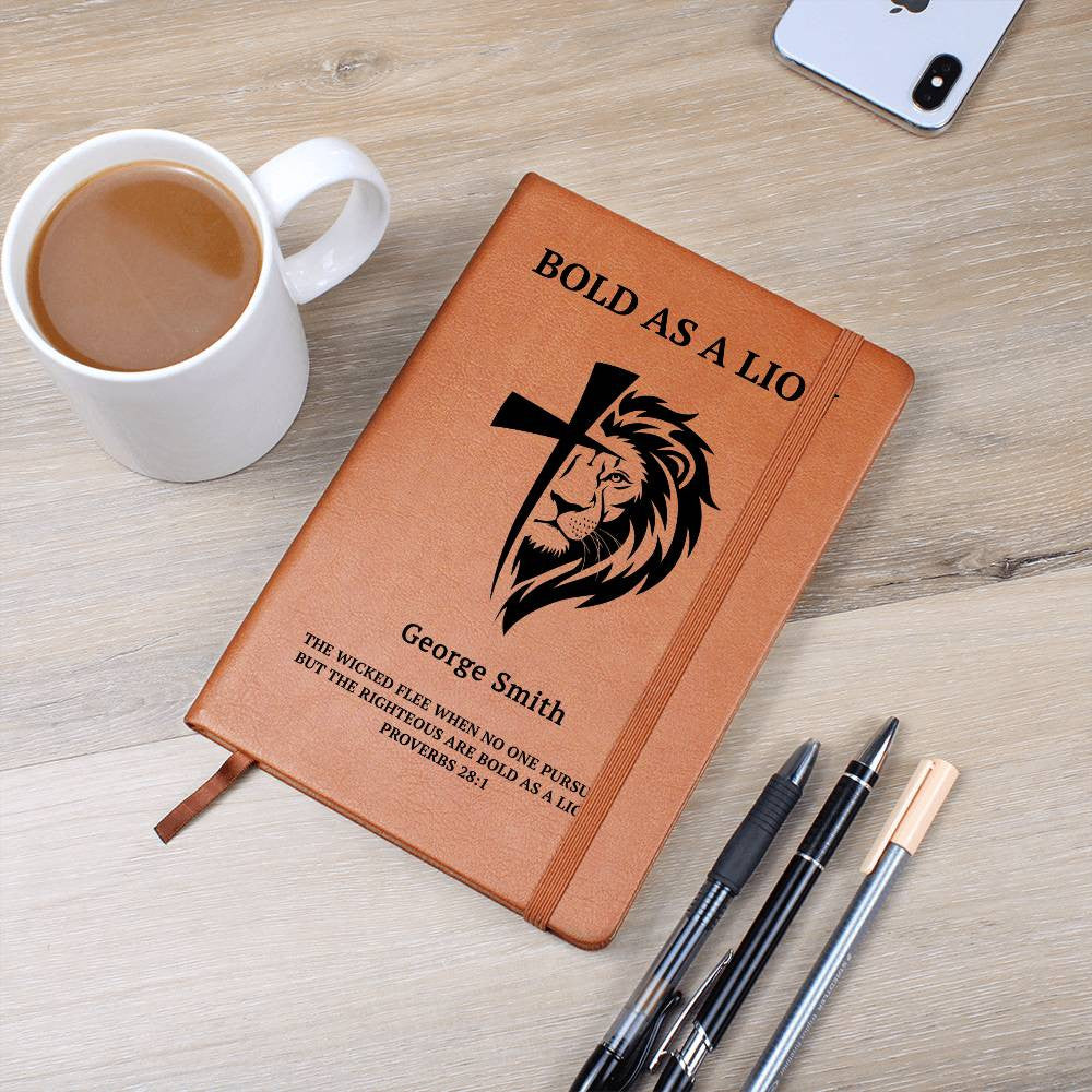 Personalized Christian leather journal with lion cross design and custom name
