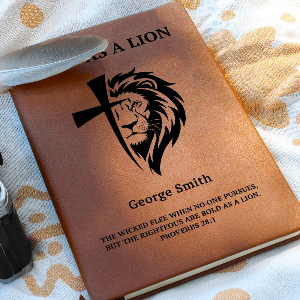 Custom prayer journal for men with Bible verse and lion artwork