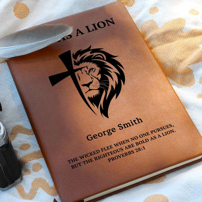Custom prayer journal for men with Bible verse and lion artwork