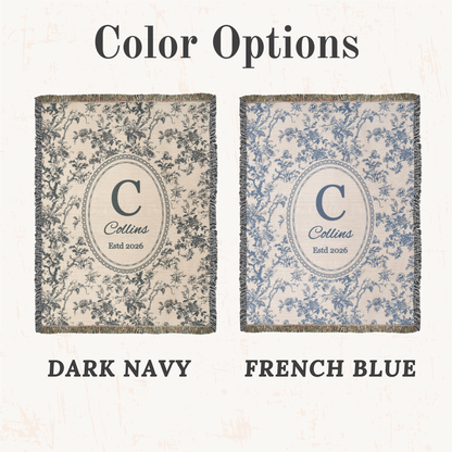 Personalized Blue Toile Woven Blanket | Monogram Family Name Throw