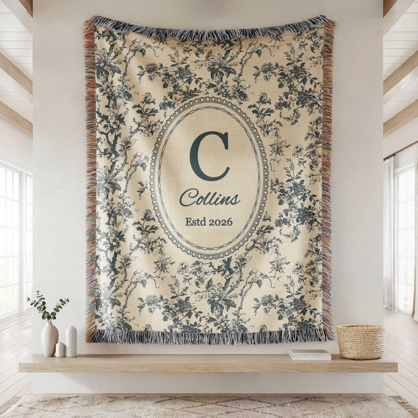 Personalized blue toile woven blanket with family initial, name, and established date