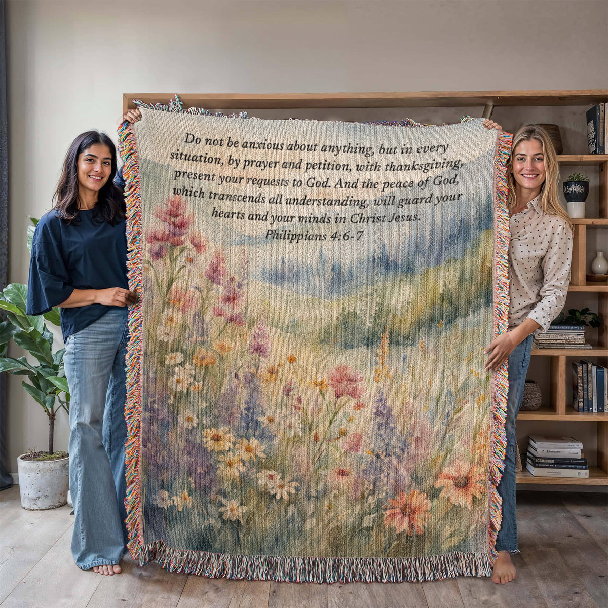 Personalized Bible verse woven blanket with watercolor wildflower design