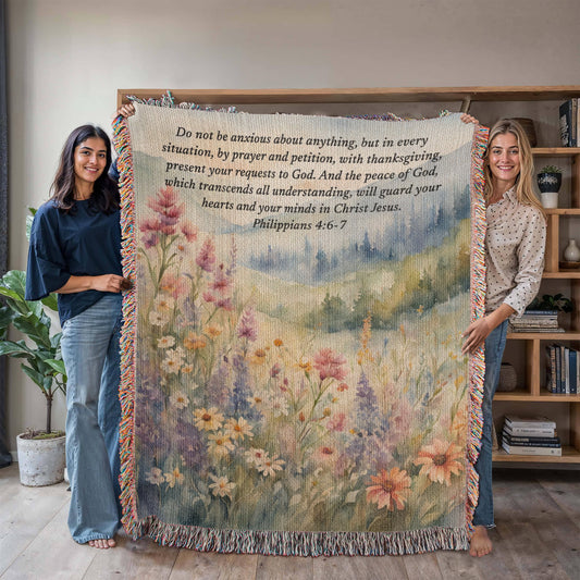 Personalized Bible verse woven blanket with watercolor wildflower design