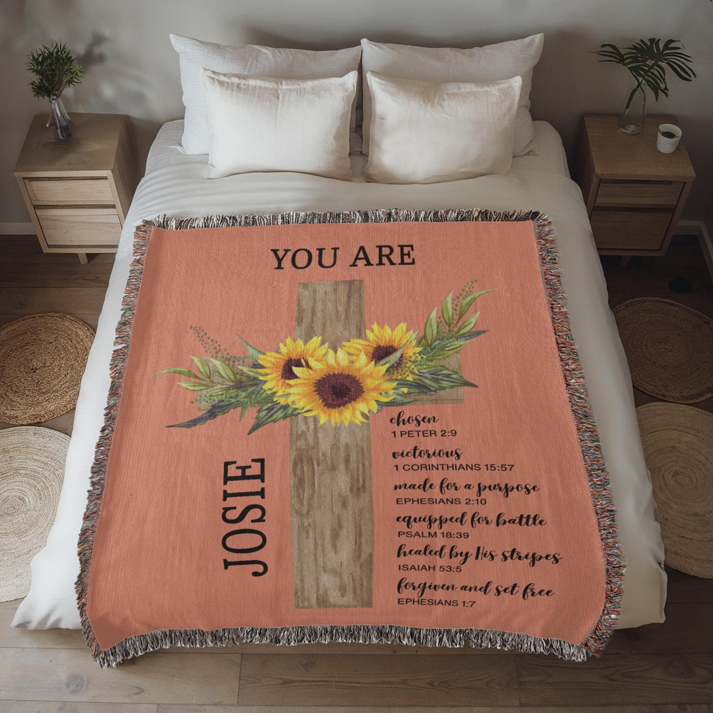 Personalized Woven Blanket with Sunflower Cross Custom Name Throw Blanket Christian Gift For for Women Teens Baptism Birthday Valentine Gift