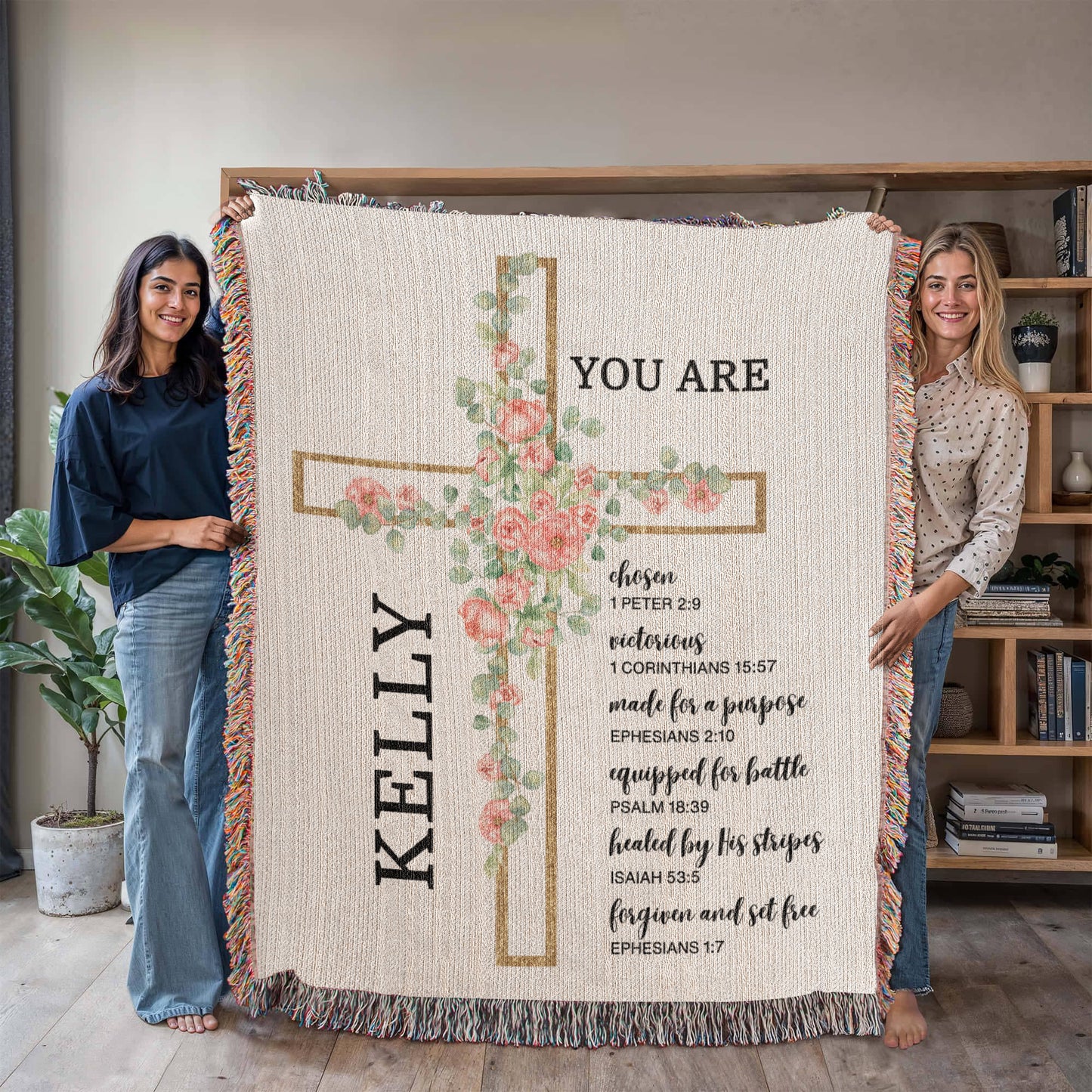 Personalized Woven Blanket with Flower Cross Custom Name Throw Christian Gift For for Women Teens Baptism Birthday Valentine Gifts